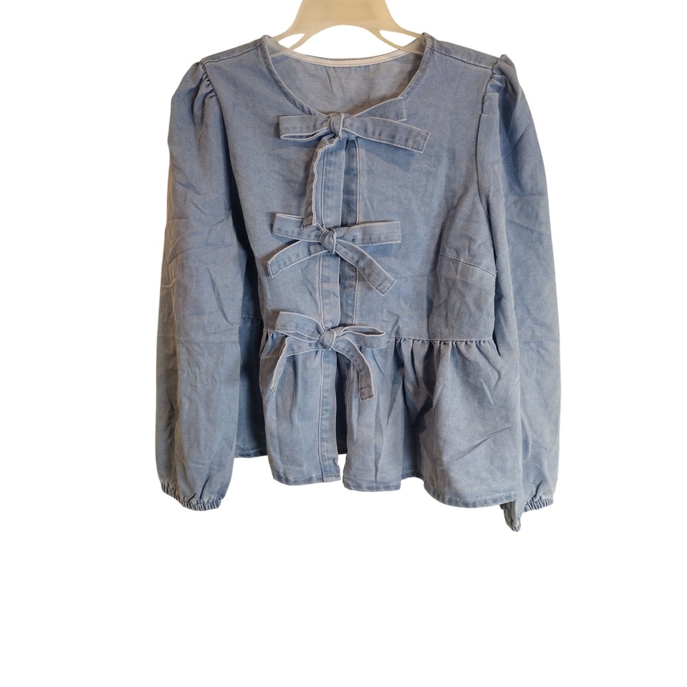 Tankaneo Womens Light Blue Denim Bow Front Peplum Blouse Puff Sleeve Top M NEW